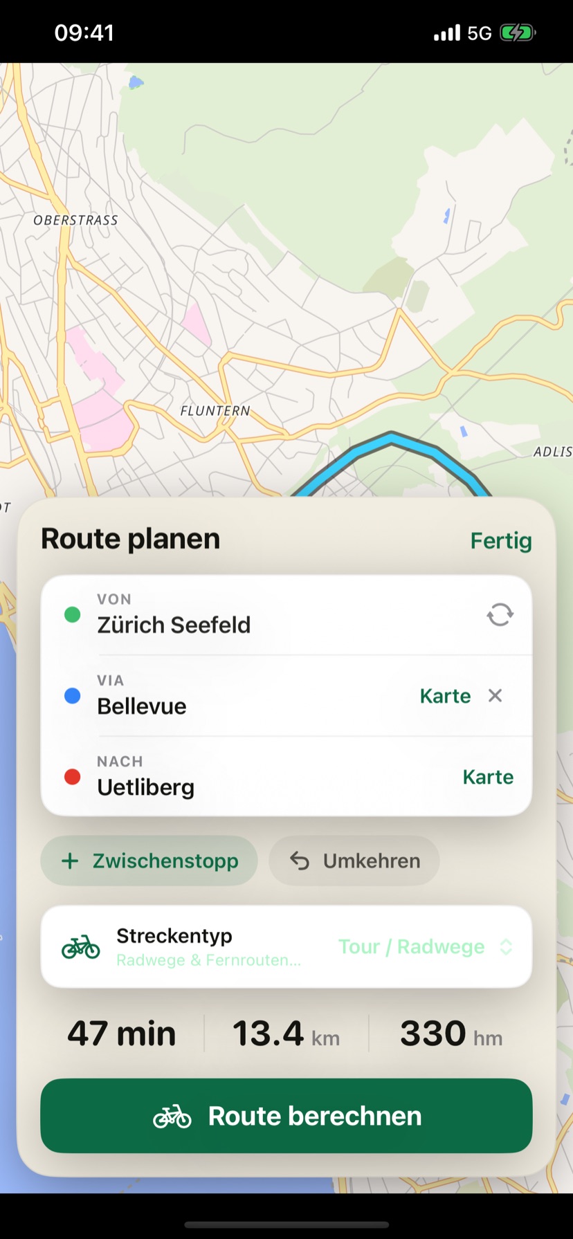 Route von Zürich Seefeld nach Uetliberg planen